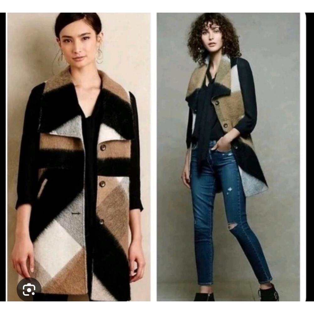 Elevenses by Anthropologie Buffalo Plaid Vest Blk/Brwn/Gry XS Wool blend boho